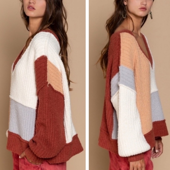 POL Plush Soft Chennile Color block Sweater V -neck - Picture 3 of 10